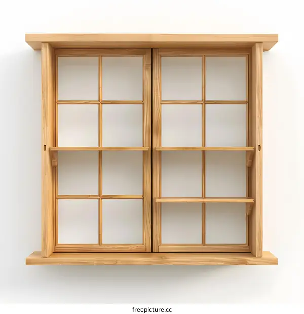 Wooden Window with Multiple Panes and Shelves