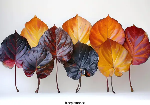 Colorful autumn leaves arranged in a row on a white background