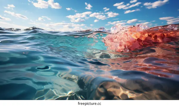 Underwater photography of pink plastic floating on the surface of the ocean.