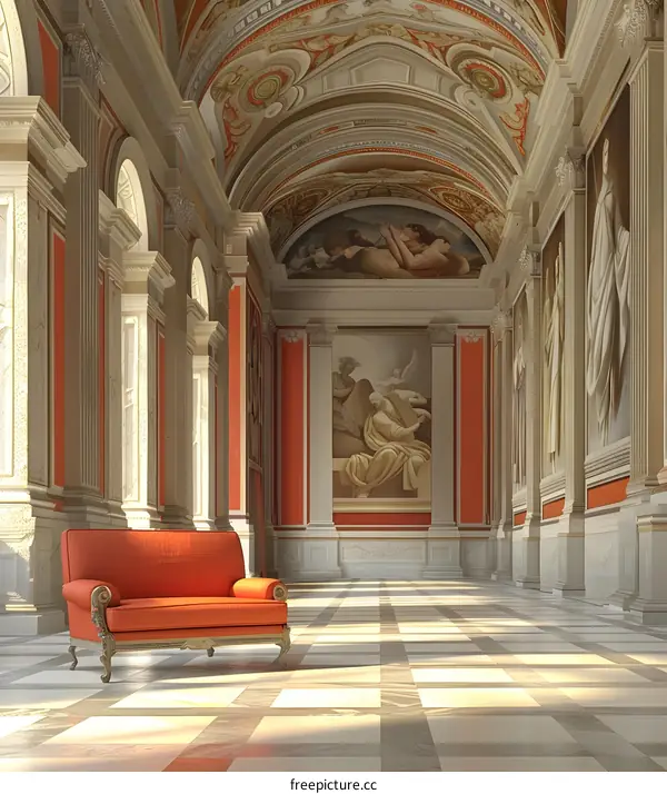 Classic Hallway with Red Sofa and Paintings