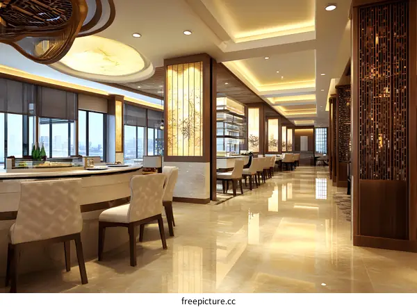 Modern Restaurant Interior Design With Marble Floor and Wooden Furniture