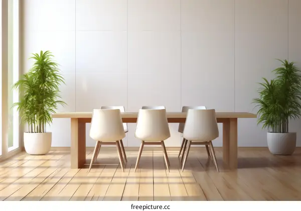 Wooden Conference Table with Chairs in a Stylish White Decorated Room