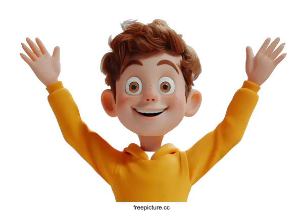[Transparent Background PNG]Smiling Boy Character With Hands Raised