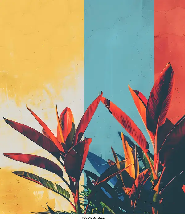 Colorful Tropical Leaves Against a Wall