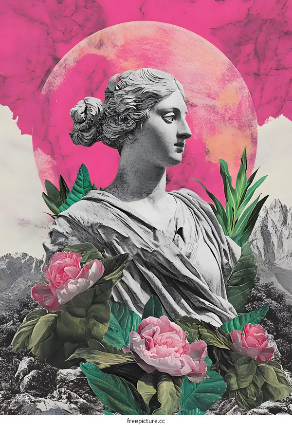 Collage Art with a Bust of a Woman and Pink Flowers