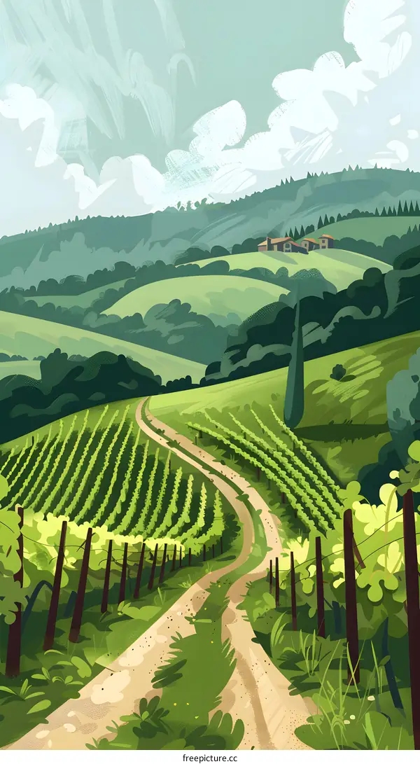 Countryside Landscape Illustration With Vineyard