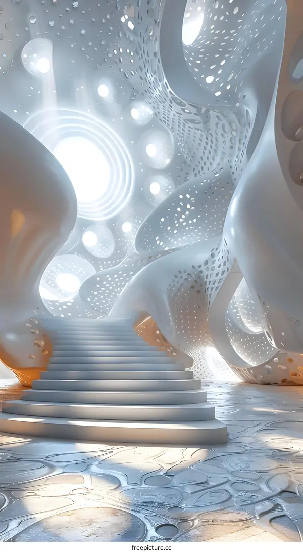 Futuristic Corridor with Illuminated Floating Stairs and Geometric Patterns