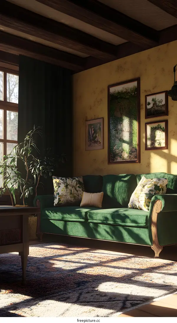 Green Sofa in a Cozy Living Room with Sunlight and Wooden Beams