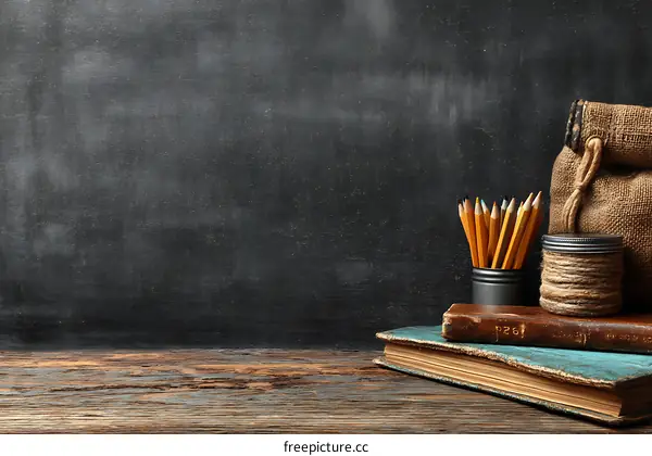 Vintage Classroom Supplies on Wooden Tabletop