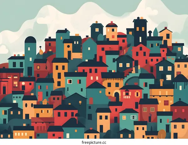 Colorful Cityscape with Houses and Buildings in Flat Design Style