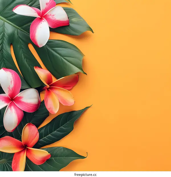 Tropical Flowers and Leaves on Yellow Background