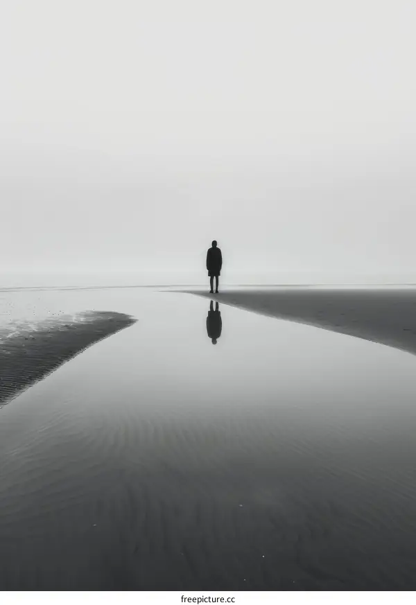 A Solitary Figure Stands on a Beach at Low Tide