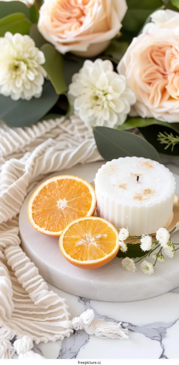 Round white candle with orange slices and white and orange flowers