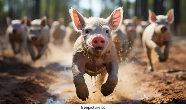 A cute piglet is running in the mud