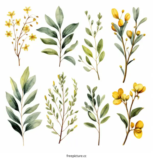 Watercolor Yellow Flower Illustration with Green Leaves