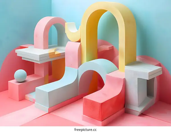 Pink and blue pastel color 3D geometric shapes composition