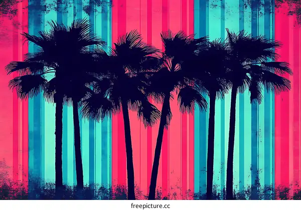 Tropical Palm Trees Silhouette on Striped Background
