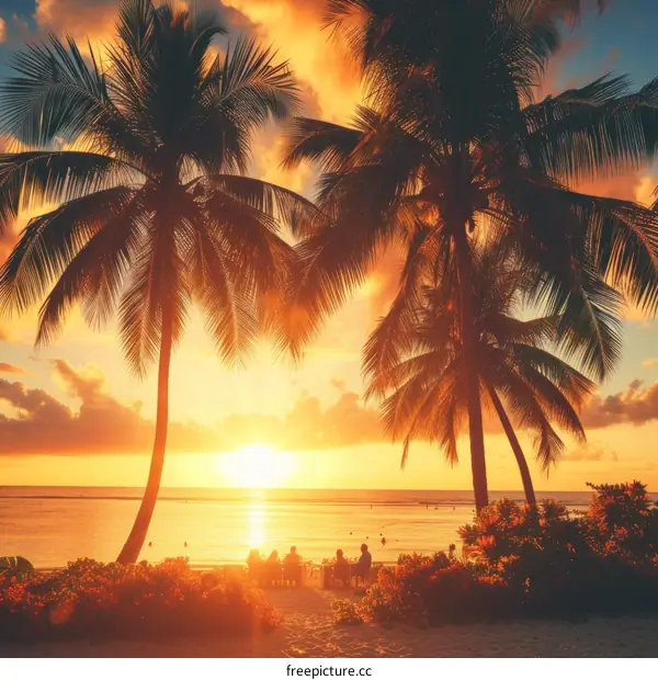 Beach Sunset with Palm Trees and People