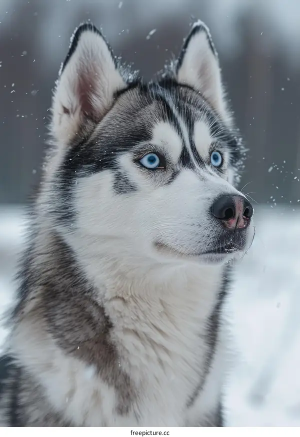 Siberian Husky with Piercing Blue Eyes Standing in Winter Scenery