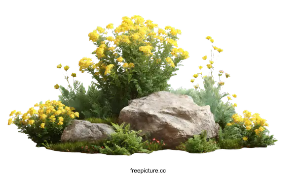 [Transparent Background PNG]Yellow Flowers and Plants on Rocks