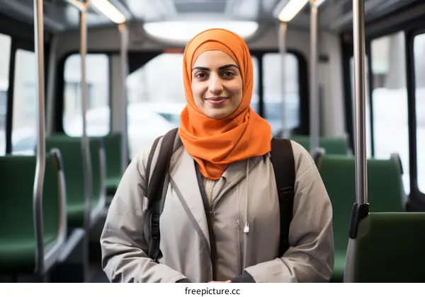 Portrait of a young Muslim woman wearing a hijab on a bus