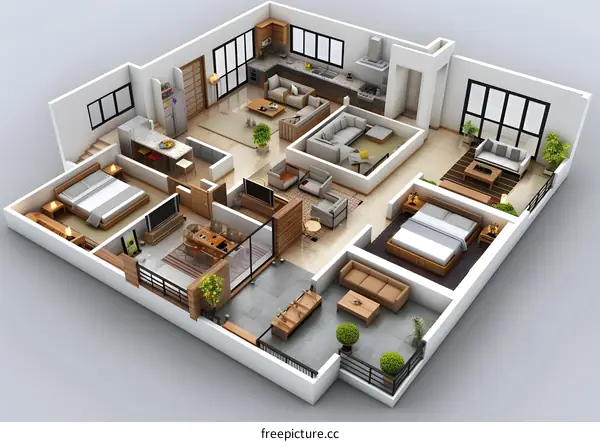The floor plan of a three-bedroom apartment