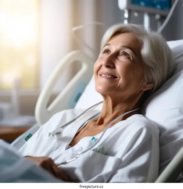 Elderly woman smiling in hospital bed