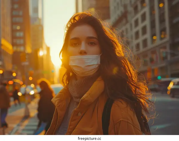 Portrait of a young woman wearing a mask in the city during the COVID-19 pandemic