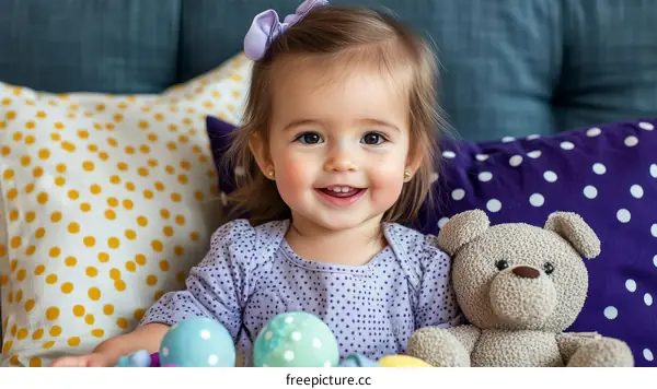 Smiling Baby Girl with Easter Eggs and Teddy Bear