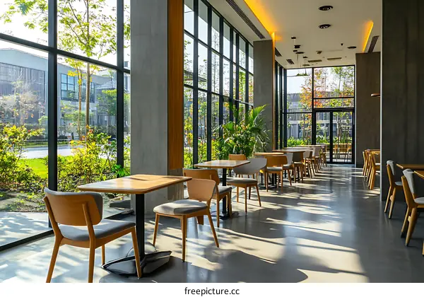 Modern Restaurant Interior with Large Windows and Natural Light
