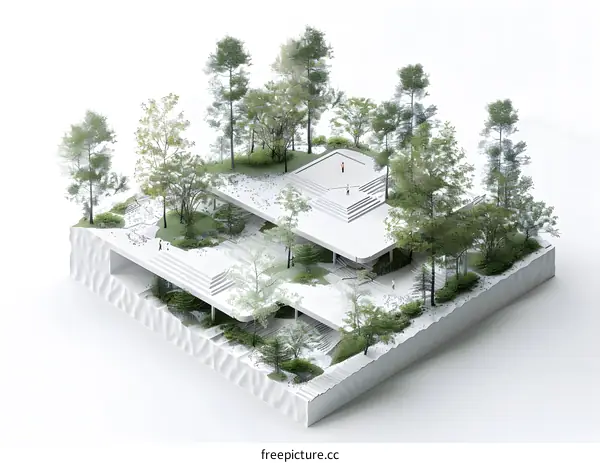 Modern Architectural Design with Green Trees and People