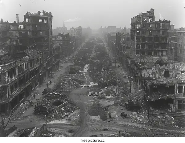 A black and white photo of the destruction in Rotterdam after the German bombing in World War II