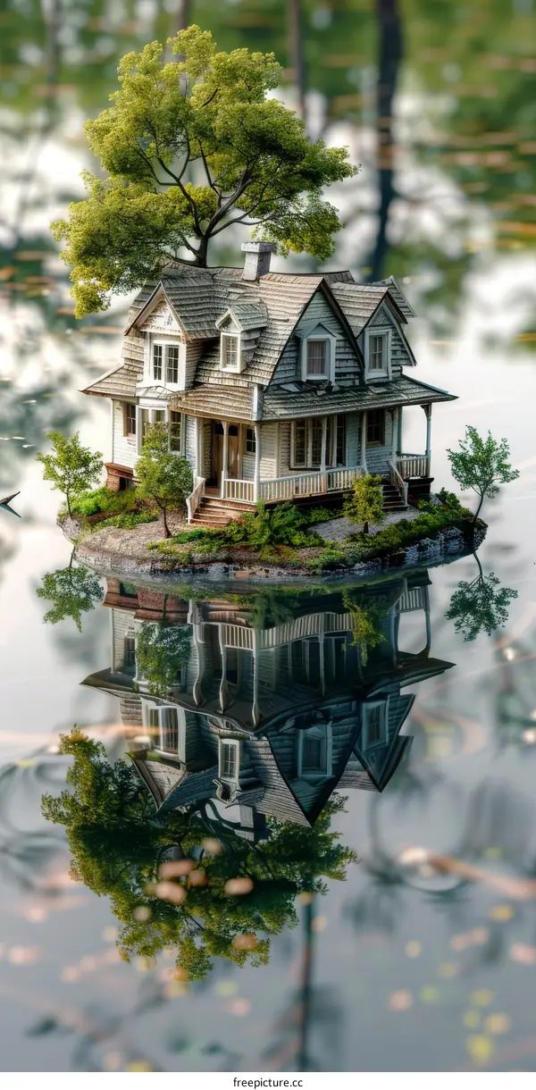 A Tiny Island Home with Lush Greenery Reflected in the Water