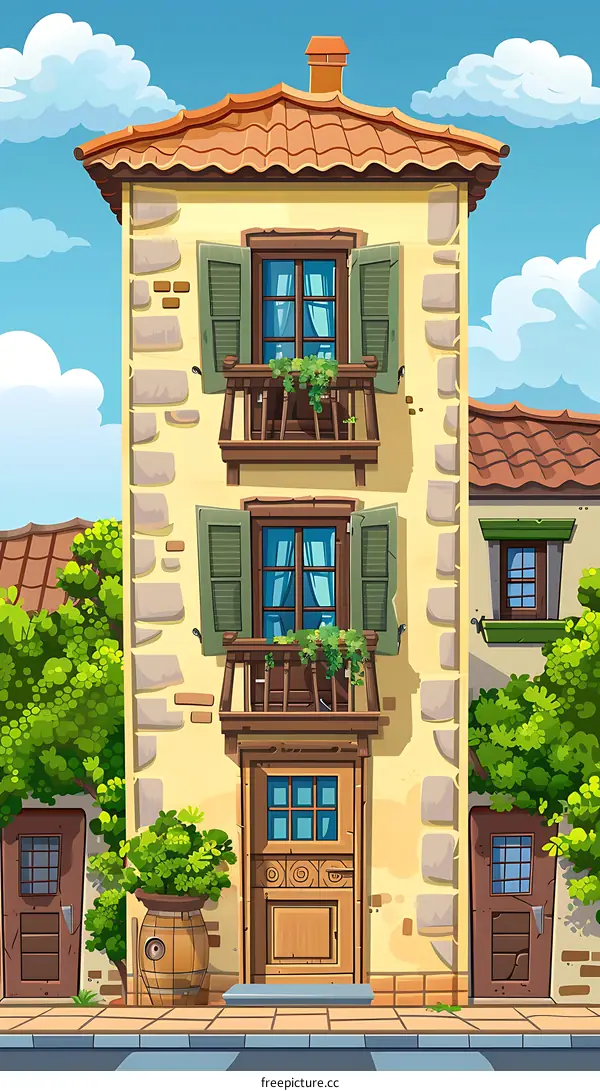 Cartoon Illustration of a Yellow Building with Green Shutters and Balconies