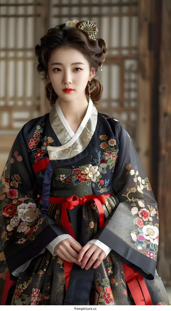 Portrait of a young woman in traditional Korean dress, or Hanbok