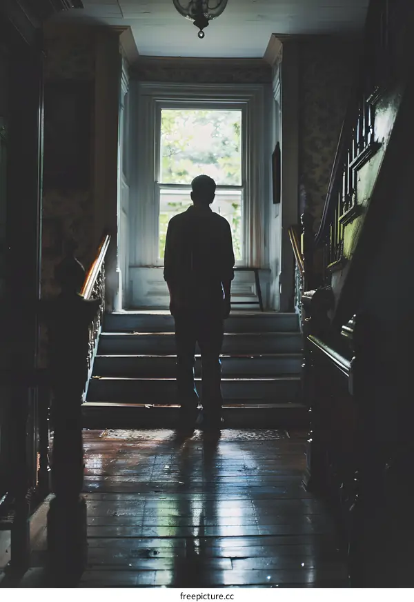 Man standing in a dark hallway looking out at the light