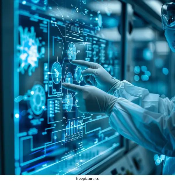 Scientist wearing protective gear works on a project in a laboratory.