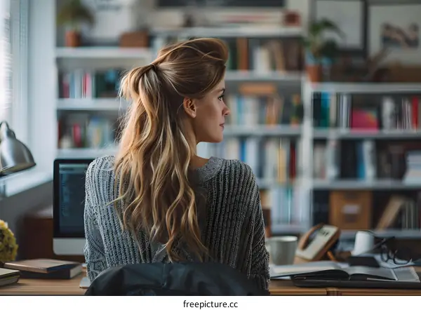 Focused young woman sitting in front of her computer in her home office.
