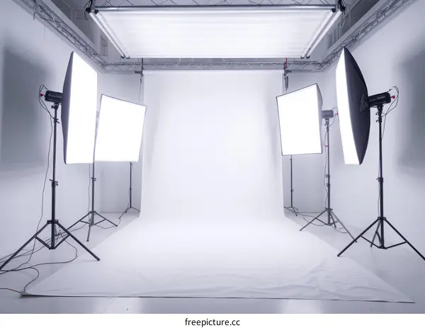 An empty photo studio with white background and lighting equipment