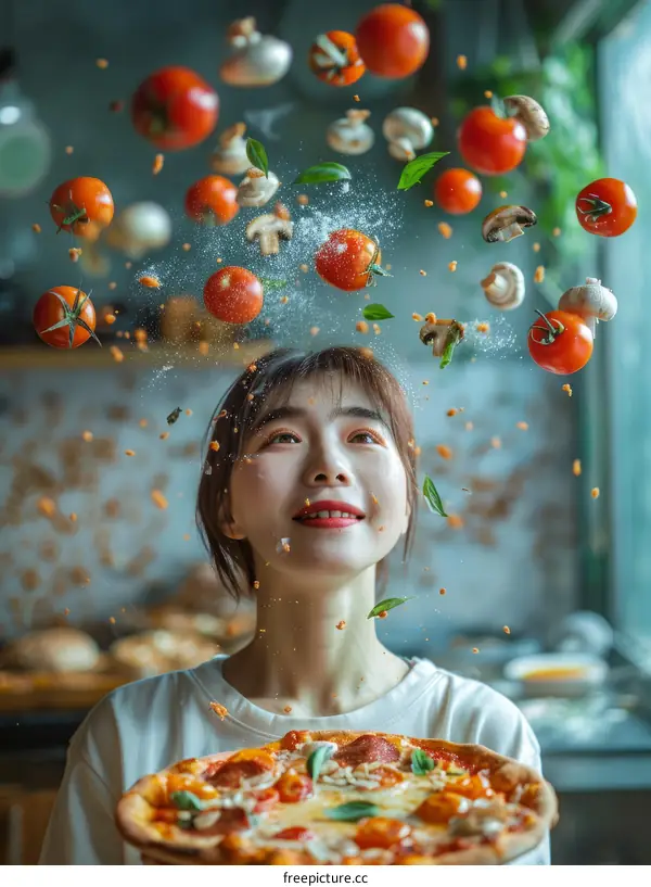 A young woman is making a pizza and tossing the toppings in the air