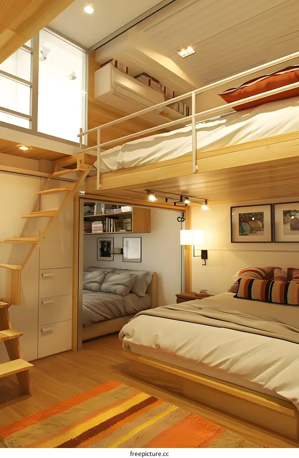 Modern Loft Bedroom With Wooden Stairs and Beds
