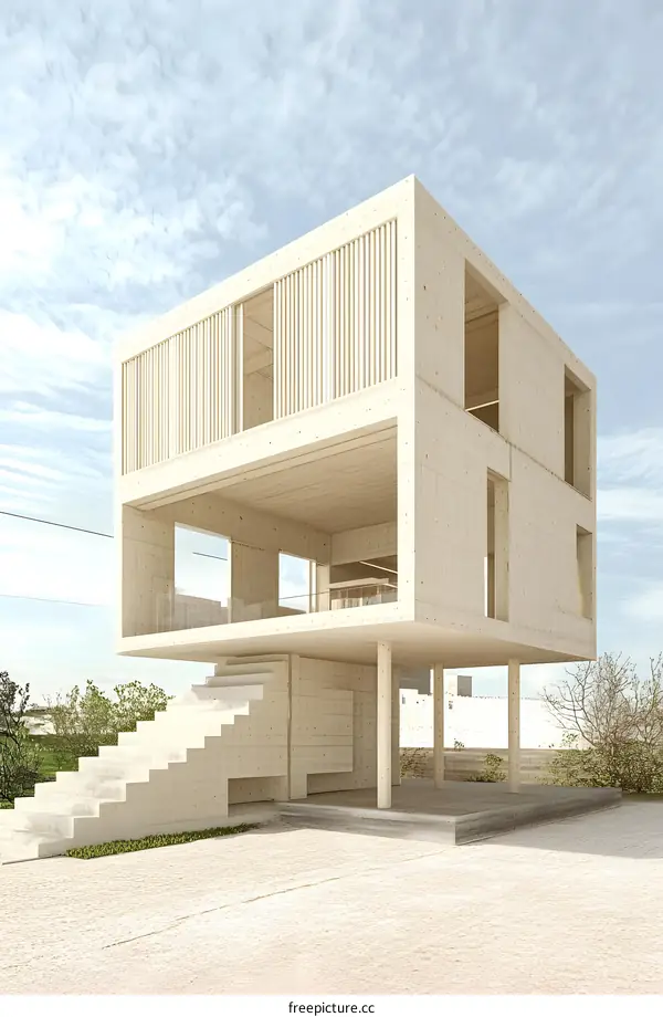 Modern Minimalist Concrete House Design with Wooden Slats