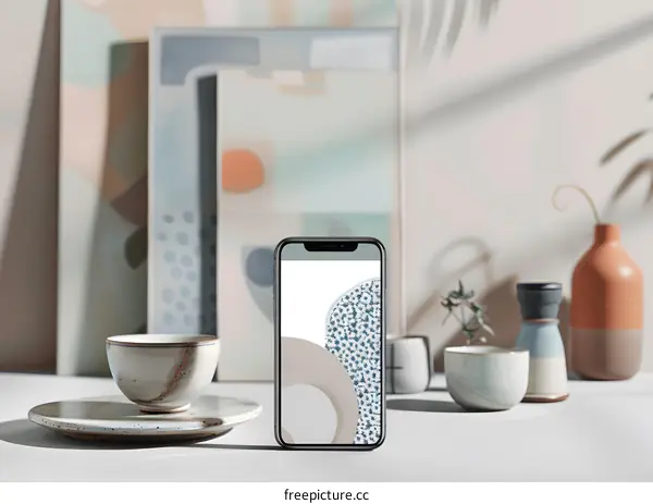 Minimalist Smartphone Mockup with Abstract Art and Ceramic Decor