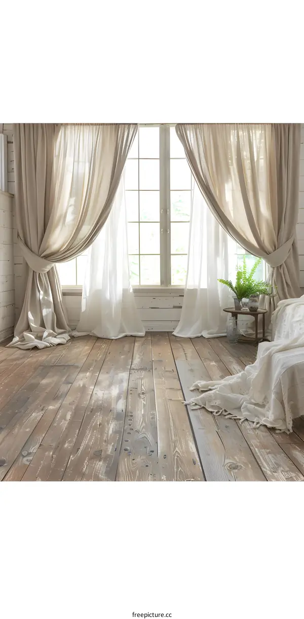 White Curtains And Wooden Floor In Room