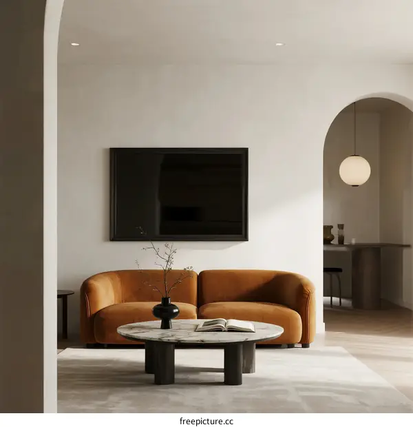 Modern Living Room with Orange Sofa and Marble Coffee Table