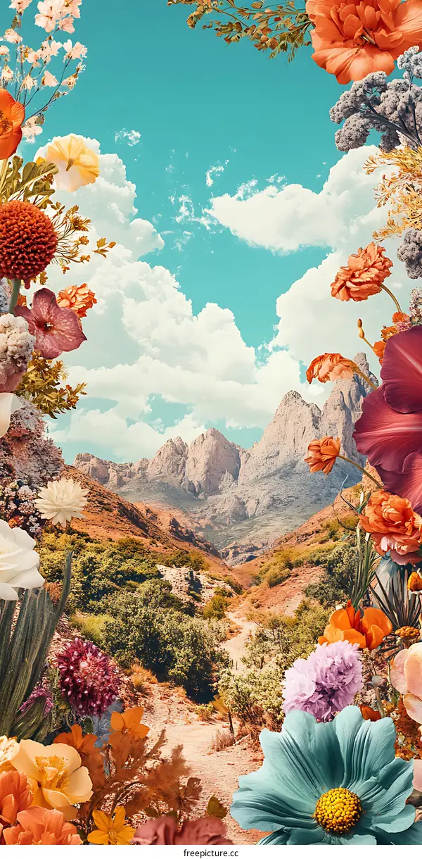 Floral Frame with Mountains and Sky Collage