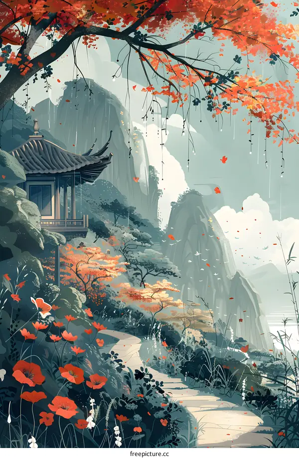 Autumn Landscape with Pagoda and Mountain Path