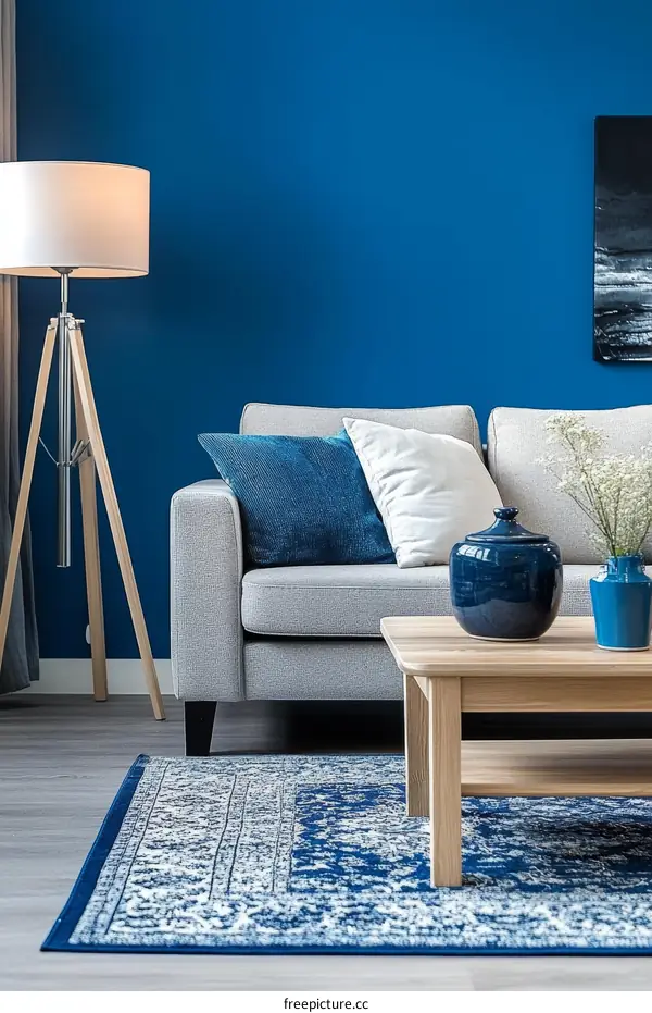 Modern Living Room with Blue Accent Wall