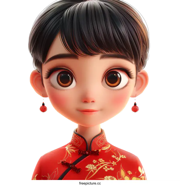 3D rendering of a young Chinese woman in traditional red dress