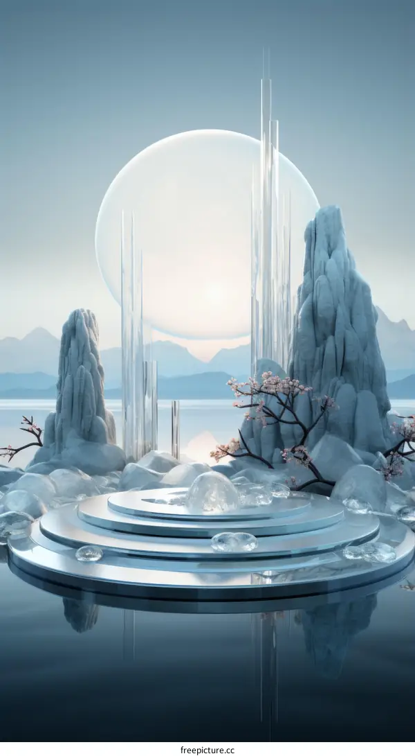 Fantastical Landscape with Floating Rocks and Crystalline Moon